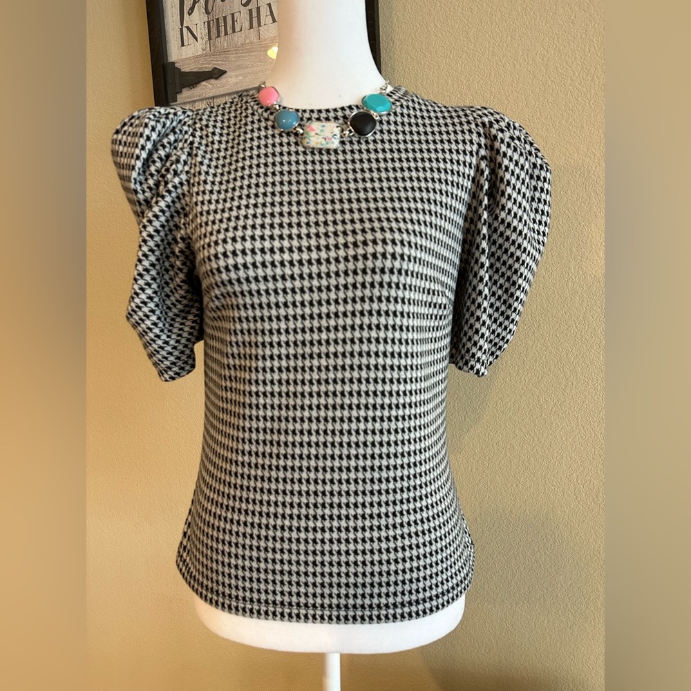 Haute Monde Women’s Checkered Blouse with Puff Sleeves - Size M